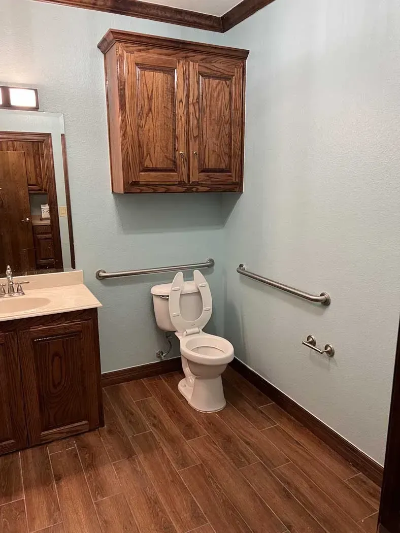 Accessible bathroom with a toilet, grab bars, and wooden cabinetry on blue walls.