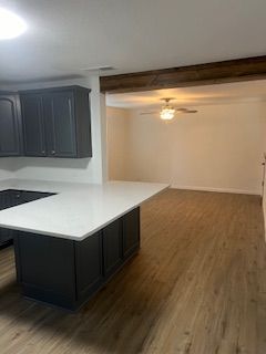 Kitchen with dark cabinets, white countertop island, opening to a room with wood-look flooring and a ceiling fan.