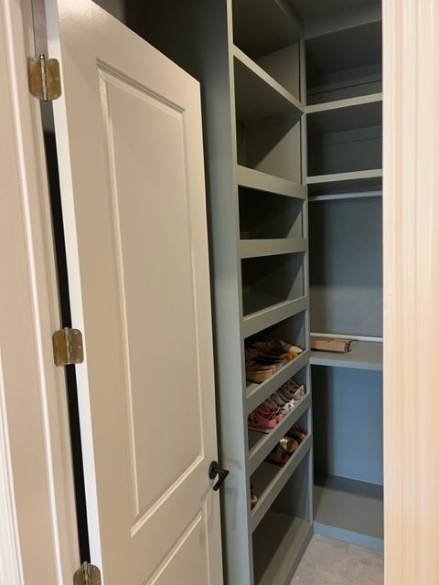A partially open door leads into a built-in closet with shelves and hanging rod.