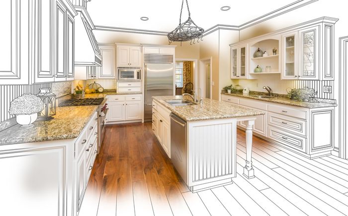 Sketch and partially colorized view of a kitchen with light-colored cabinets, granite countertops, and a wooden floor.