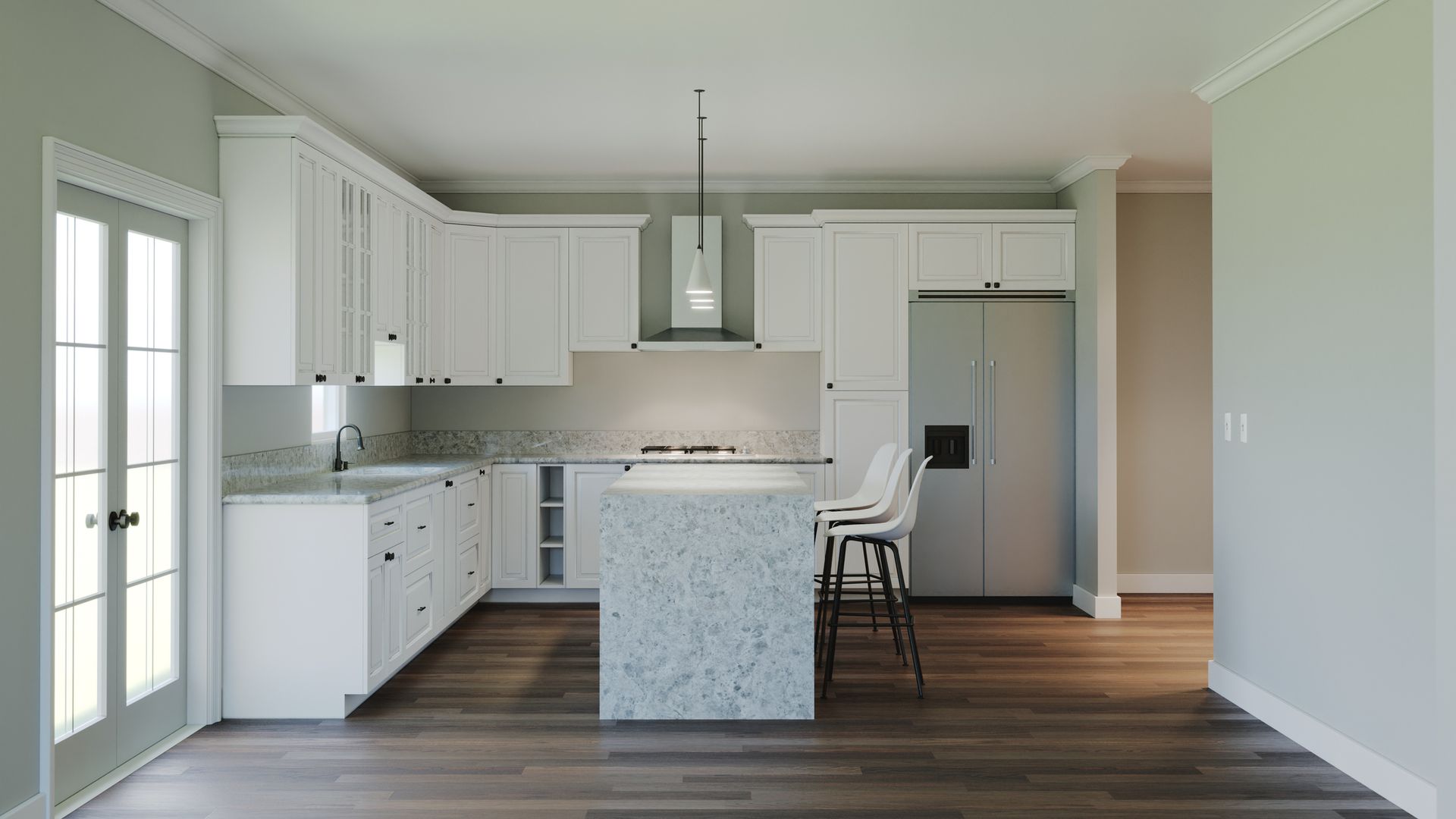 Modern white kitchen with island, stainless steel appliances, and wood floors.