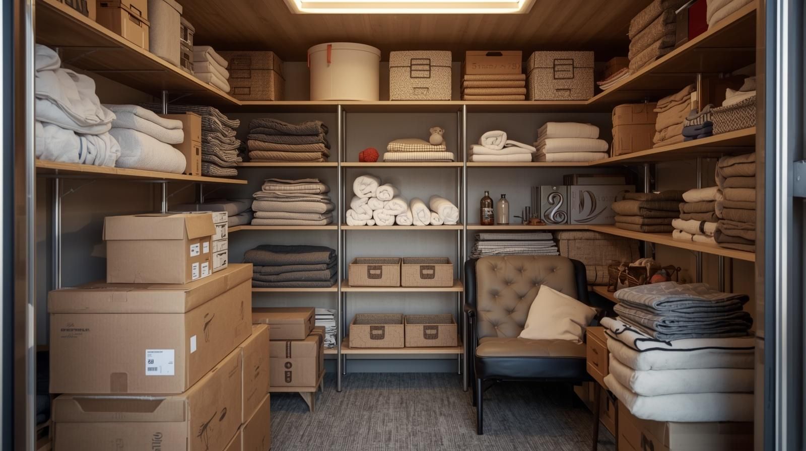 Organized storage unit with shelves, boxes, and household items for a two-bedroom apartment
