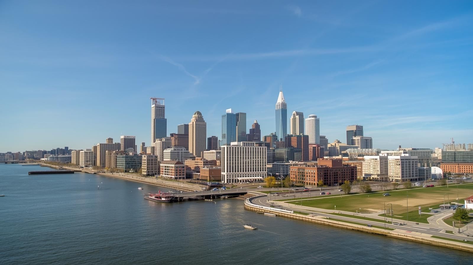 Milwaukee skyline along Lake Michigan with downtown buildings and waterfront