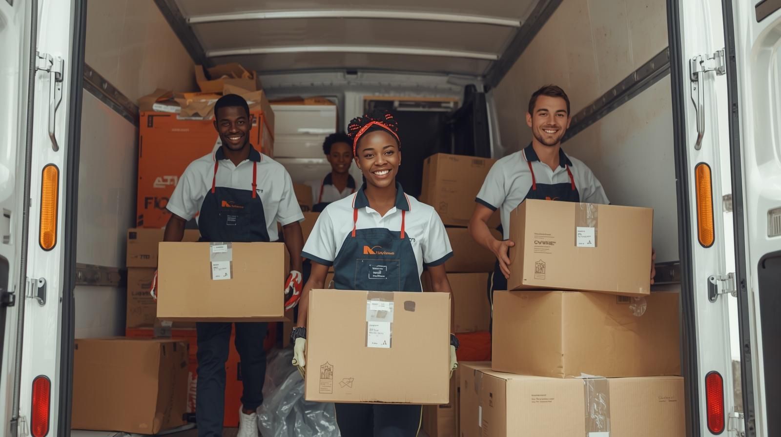 Professional moving crew unloading boxes from a truck in Jacksonville, NC