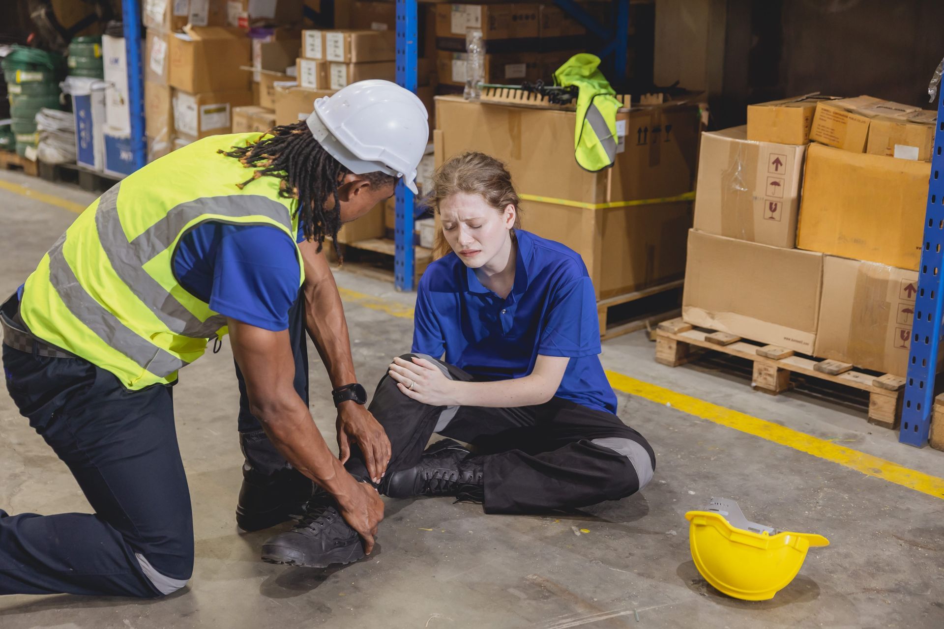 A warehouse worker wearing a safety vest and hard hat tends to a seated coworker holding their injured leg on the floor.