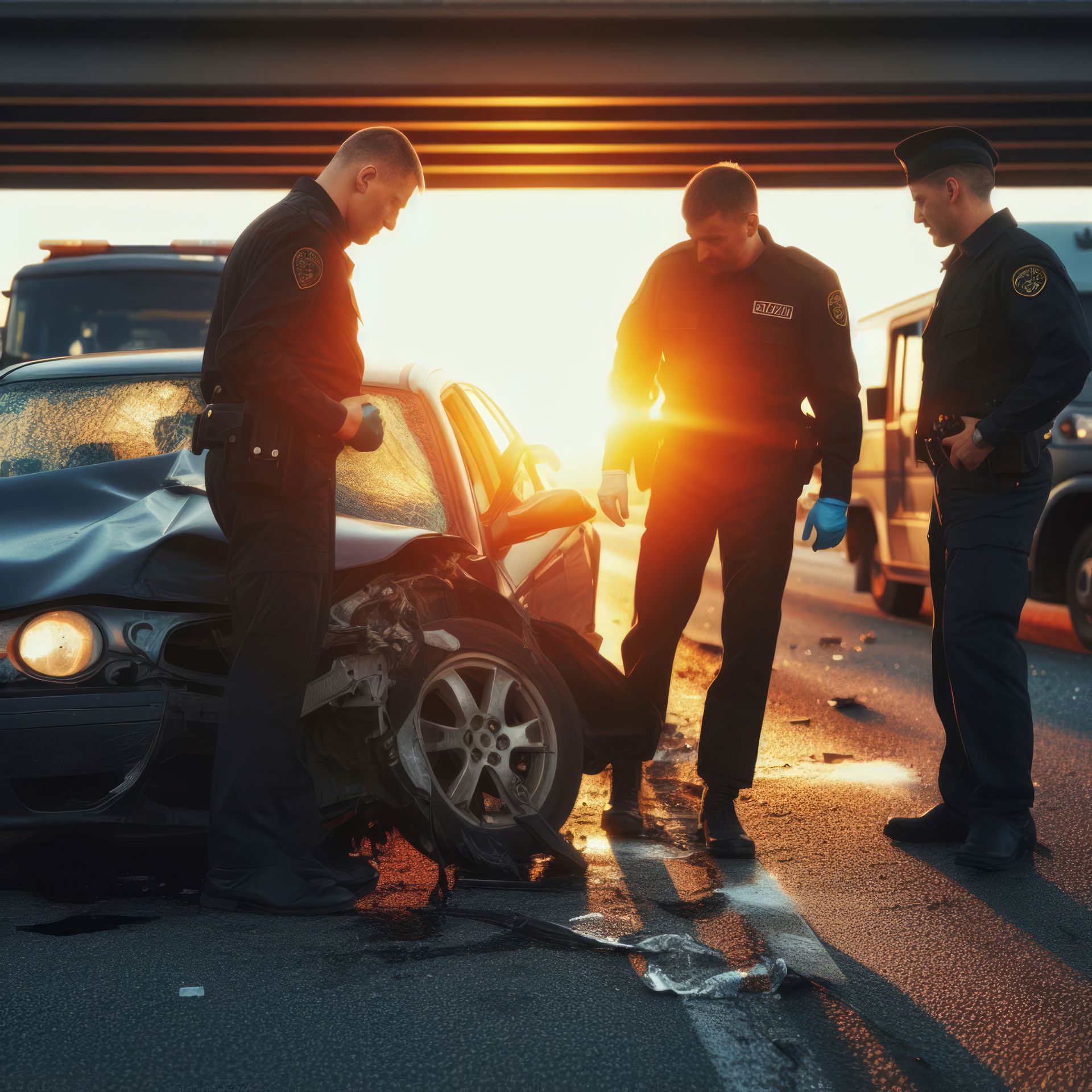 Police officers investigate a car accident on a road at sunset.