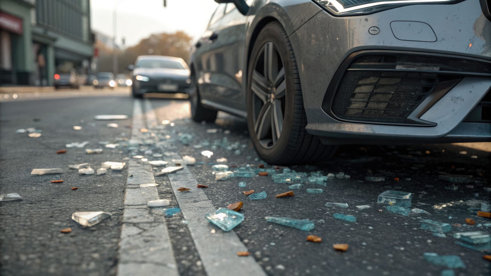 A dark gray car parked on an asphalt road covered with scattered shards of shattered glass following an accident.