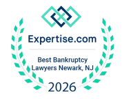 Expertise.com badge for Best Bankruptcy Lawyers in Newark, NJ, for the year 2026, framed in a teal laurel wreath.