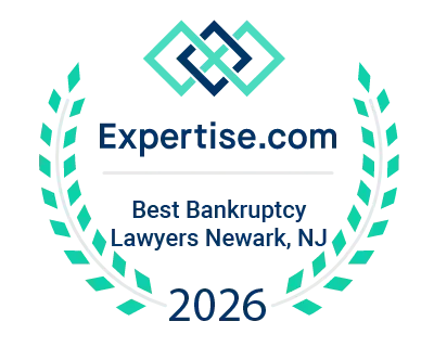 Expertise.com badge for Best Bankruptcy Lawyers in Newark, NJ, for the year 2026, framed in a teal laurel wreath.