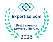 Expertise.com badge awarding "Best Bankruptcy Lawyers Clifton, NJ" for 2026, framed by a teal laurel wreath.