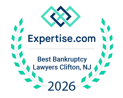 Expertise.com award: Best Bankruptcy Lawyers in Clifton, NJ, 2026. Turquoise and navy logo within a laurel wreath.
