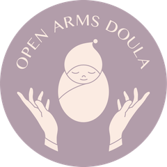 a logo for open arms doula with two hands holding a baby wrapped in a blanket .