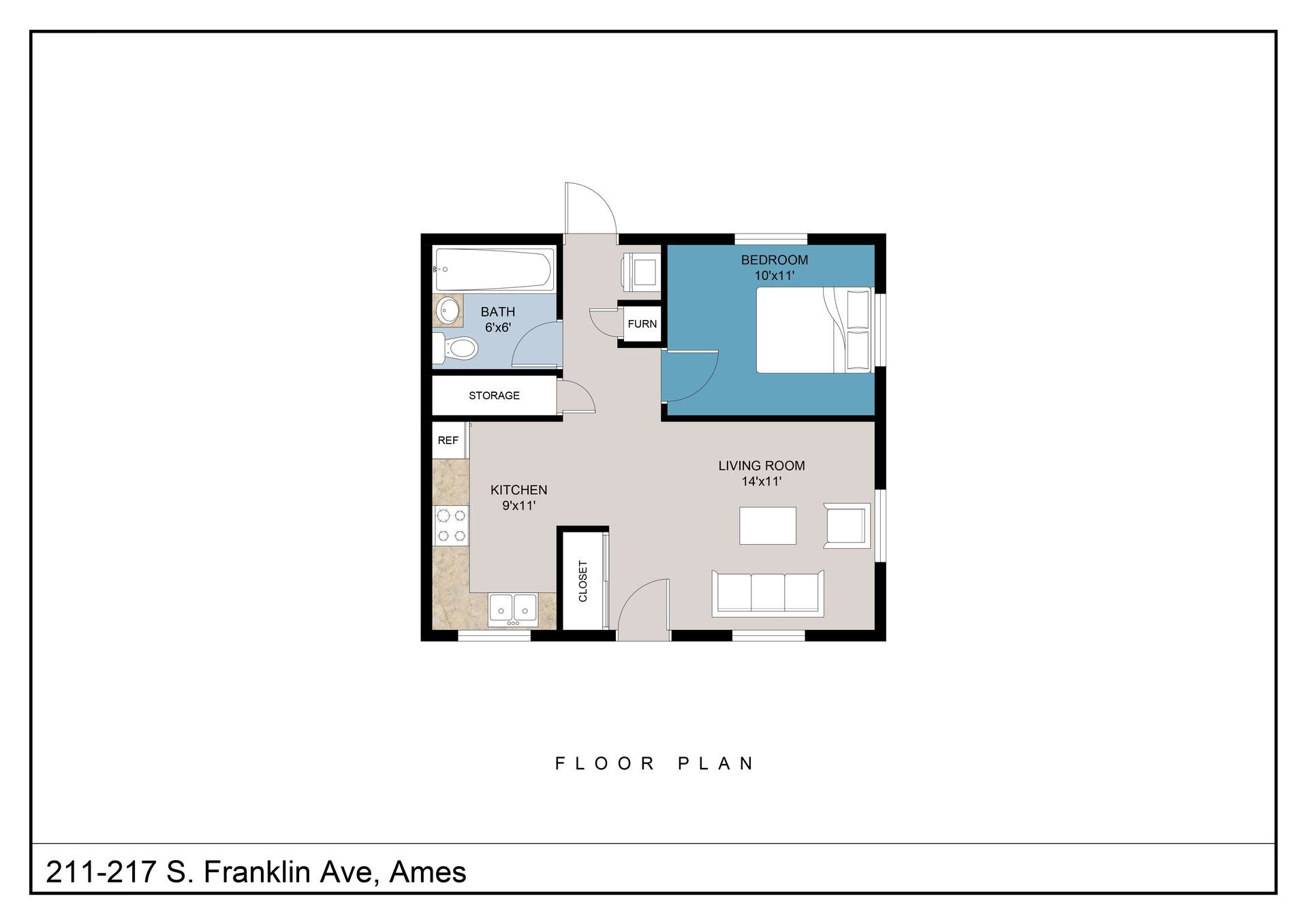 A floor plan of a small apartment with a bedroom , living room , and bathroom.