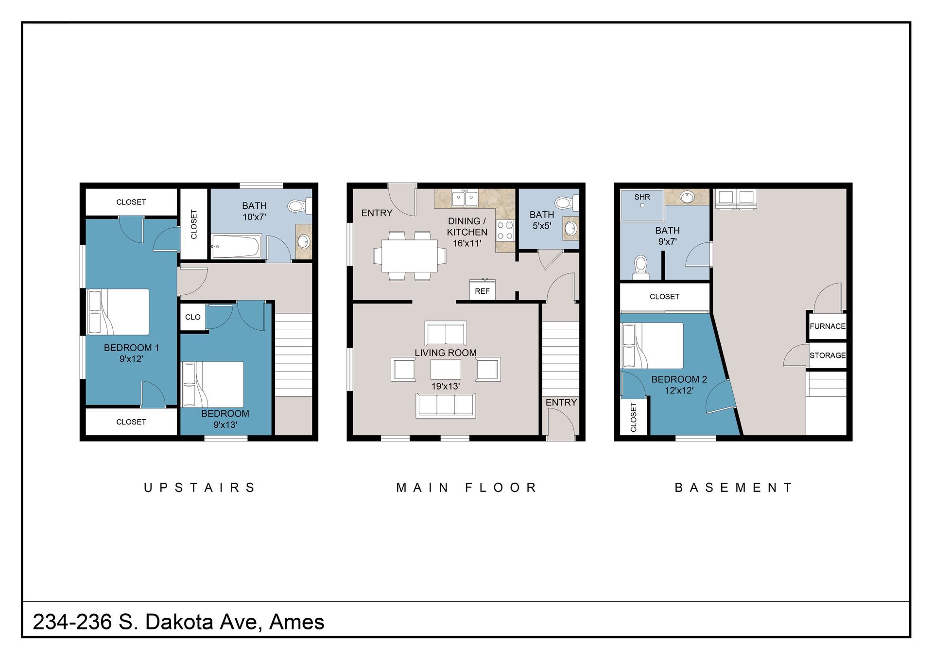 A floor plan of a house with three different floors