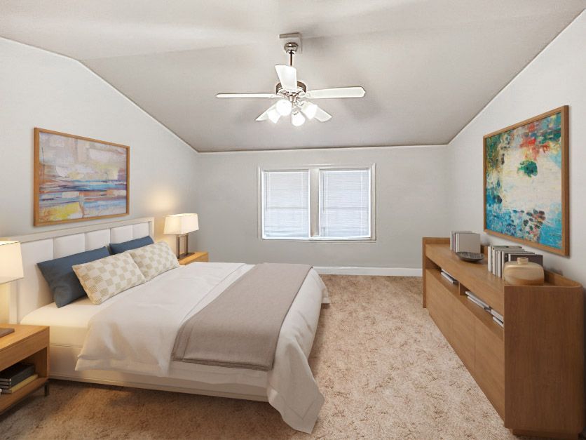 A bedroom with a bed , a ceiling fan , a window and a dresser.