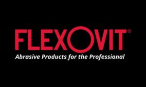 Logo for Flexovit, a company that makes abrasive products. Red text on a black background.