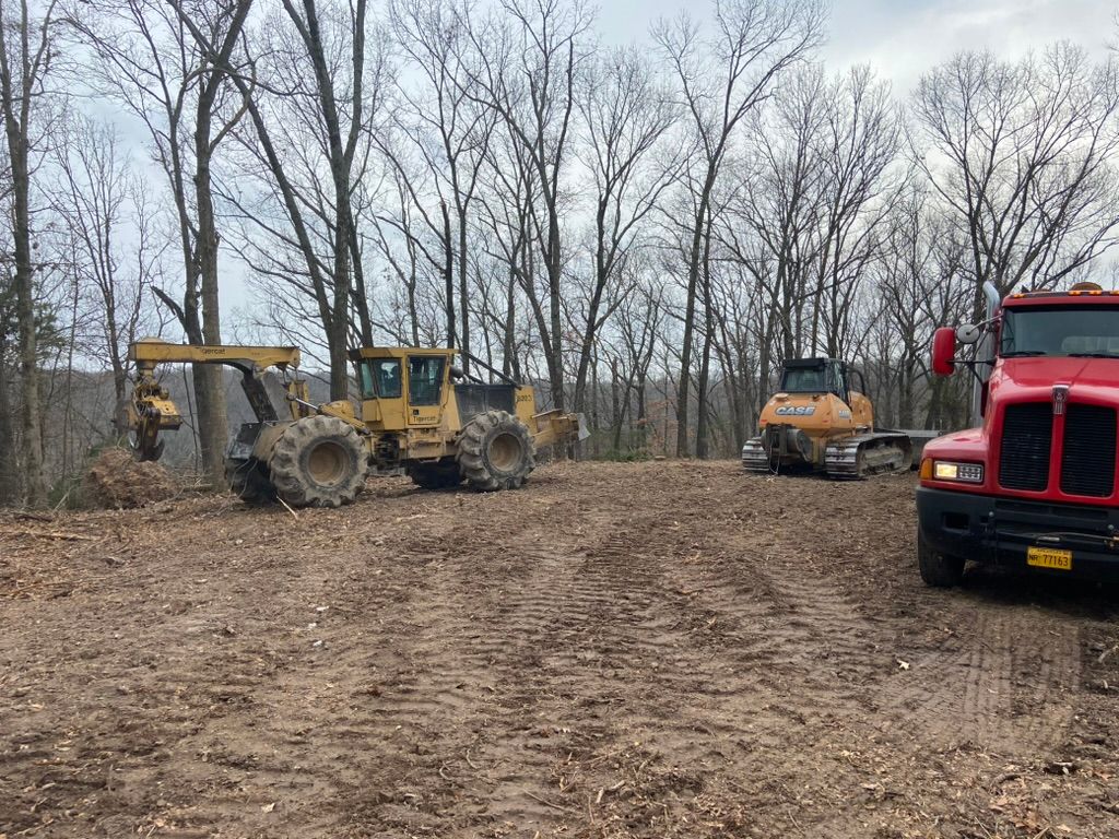 Logging operation: Heavy machinery clearing trees in a forest; includes a truck, bulldozer, and a harvester.