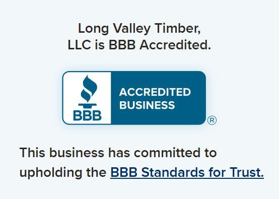 Long Valley Timber is a BBB accredited business. Shows the BBB logo and text about trust standards.