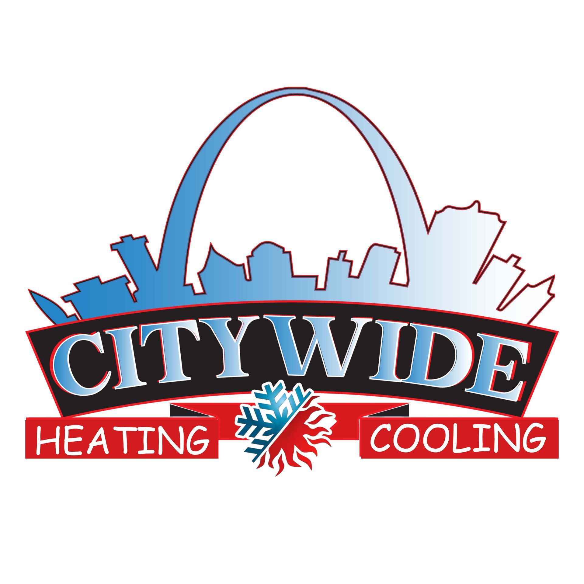 Logo for Citywide Heating & Cooling. It features a cityscape outline with the Gateway Arch and the words.