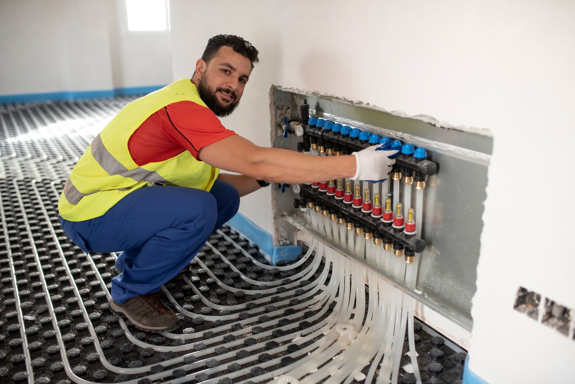 Man in work clothes, kneeling, adjusts pipes connected to a manifold system for underfloor heating, installed on a floor grid in a new construction room.