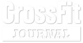 A white logo for a crossfit journal on a white background.