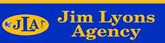 A blue and yellow logo for jim lyons agency
