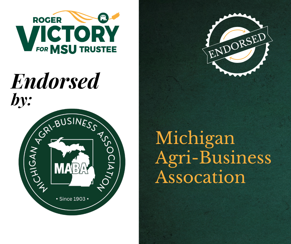 Roger Victory campaign endorsement by Michigan Agri-Business Association. Green and white color scheme.
