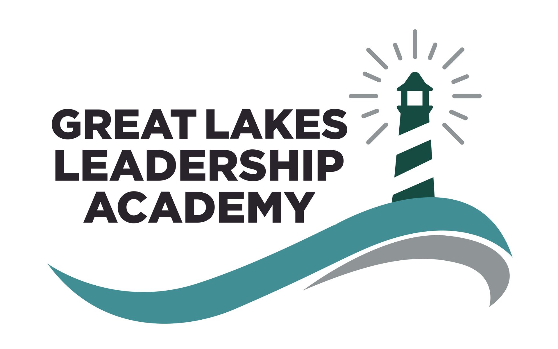 Logo of Great Lakes Leadership Academy: Text with a lighthouse on a teal and gray wave.