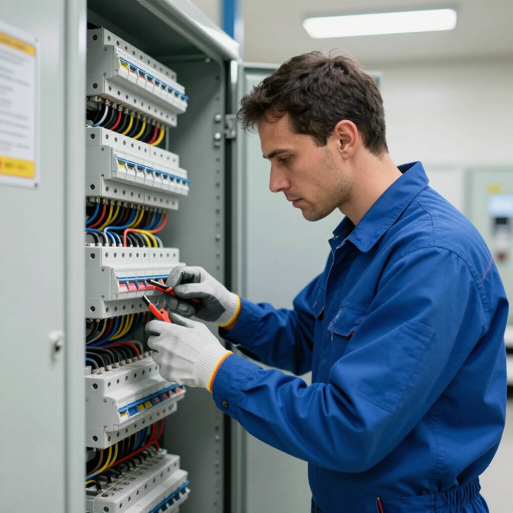 Un tecnico in uniforme blu e guanti utilizza un attrezzo per lavorare sul cablaggio di un quadro elettrico a vista.