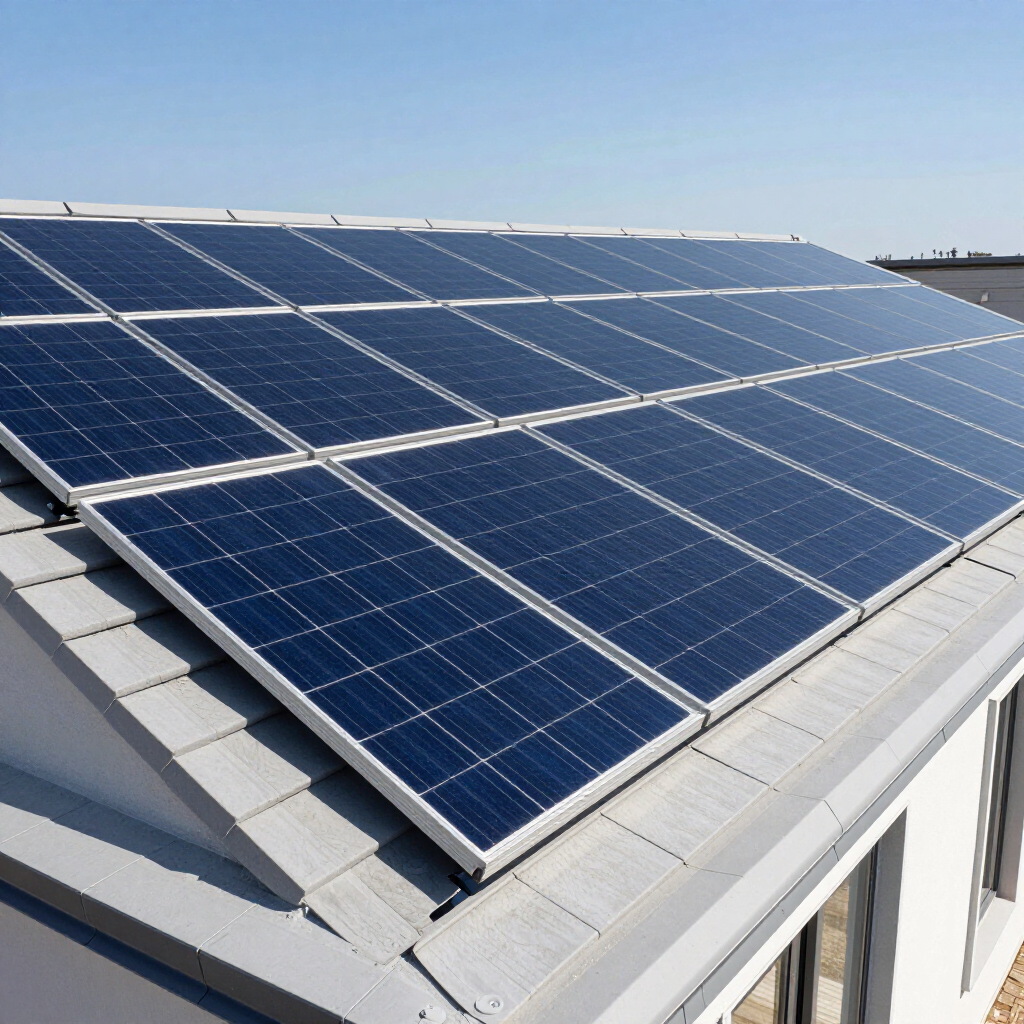 Una griglia di pannelli solari rettangolari di colore blu scuro installati su un tetto residenziale con tegole in cemento grigio.