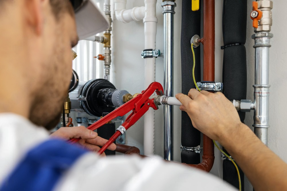 a plumber is working on a pipe with a wrench .