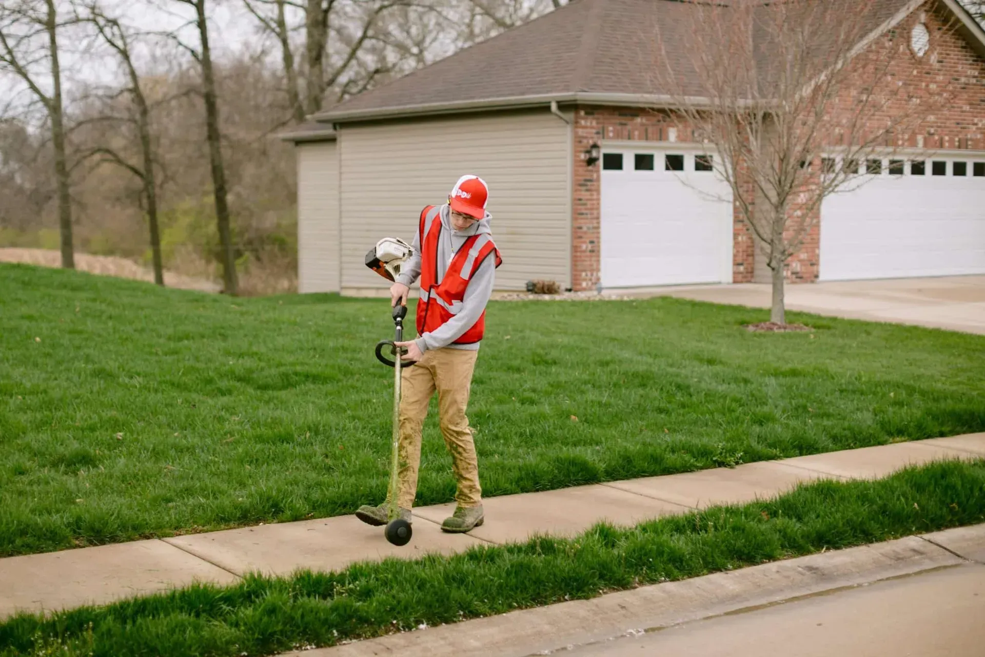 Man in red vest using a string trimmer on a lawn next to a sidewalk and a house.