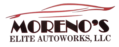 Logo for Moreno's Elite Autoworks, LLC, with a car outline above bold text in dark red and black.