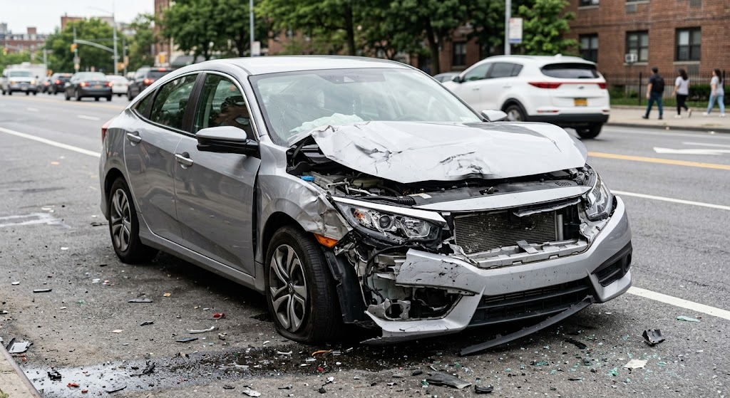 A silver sedan with severe front-end damage sits on an urban street, surrounded by debris from a recent collision.