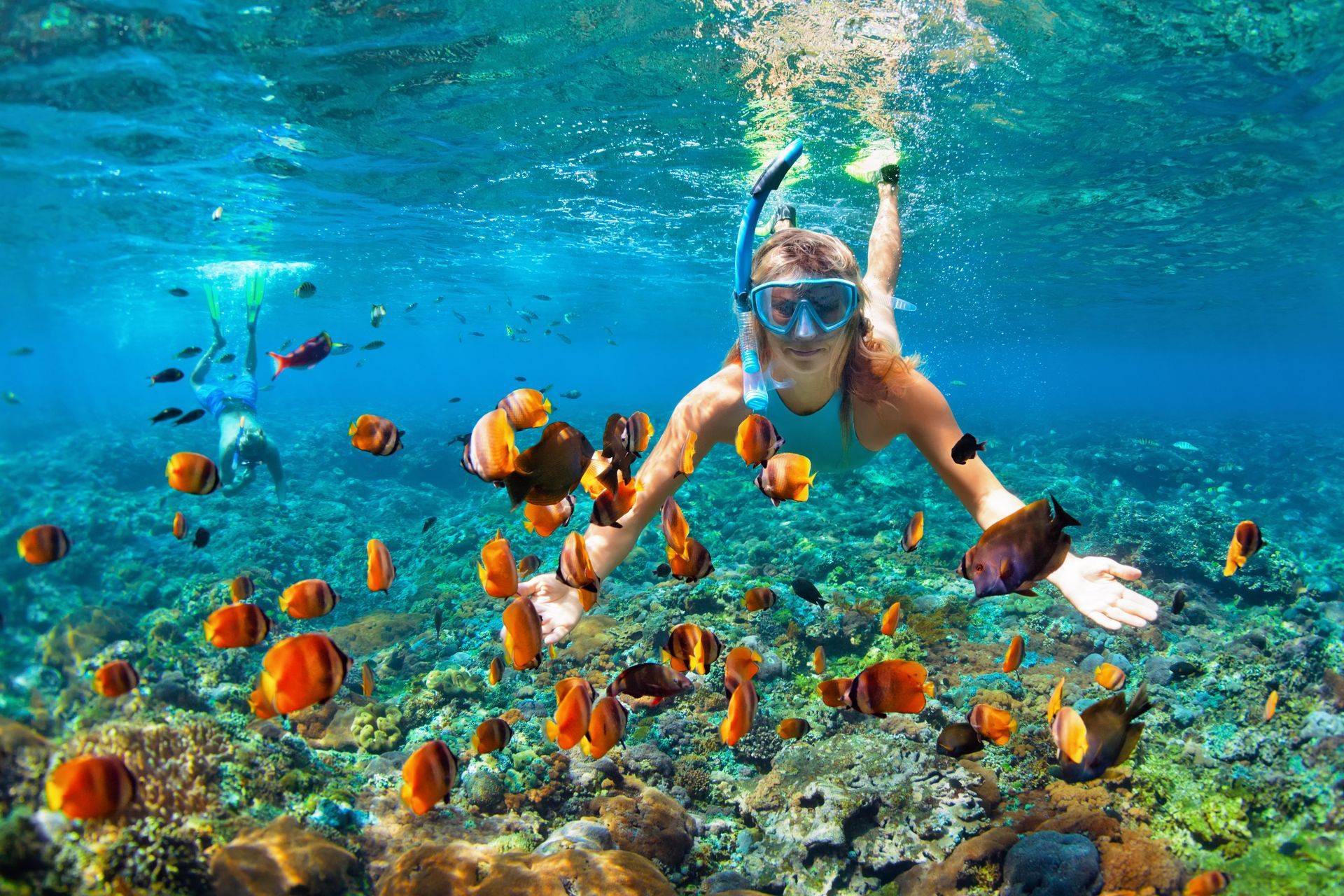 A woman is snorkeling in the ocean surrounded by fish.