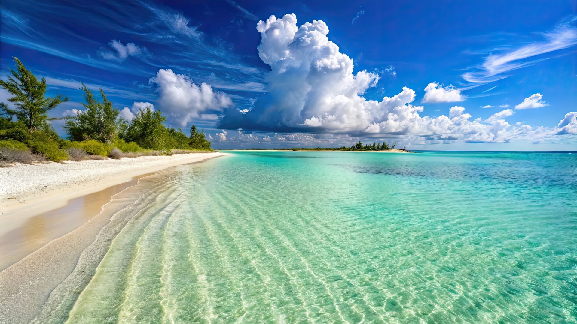 A tropical beach with a white sandy beach and turquoise water.