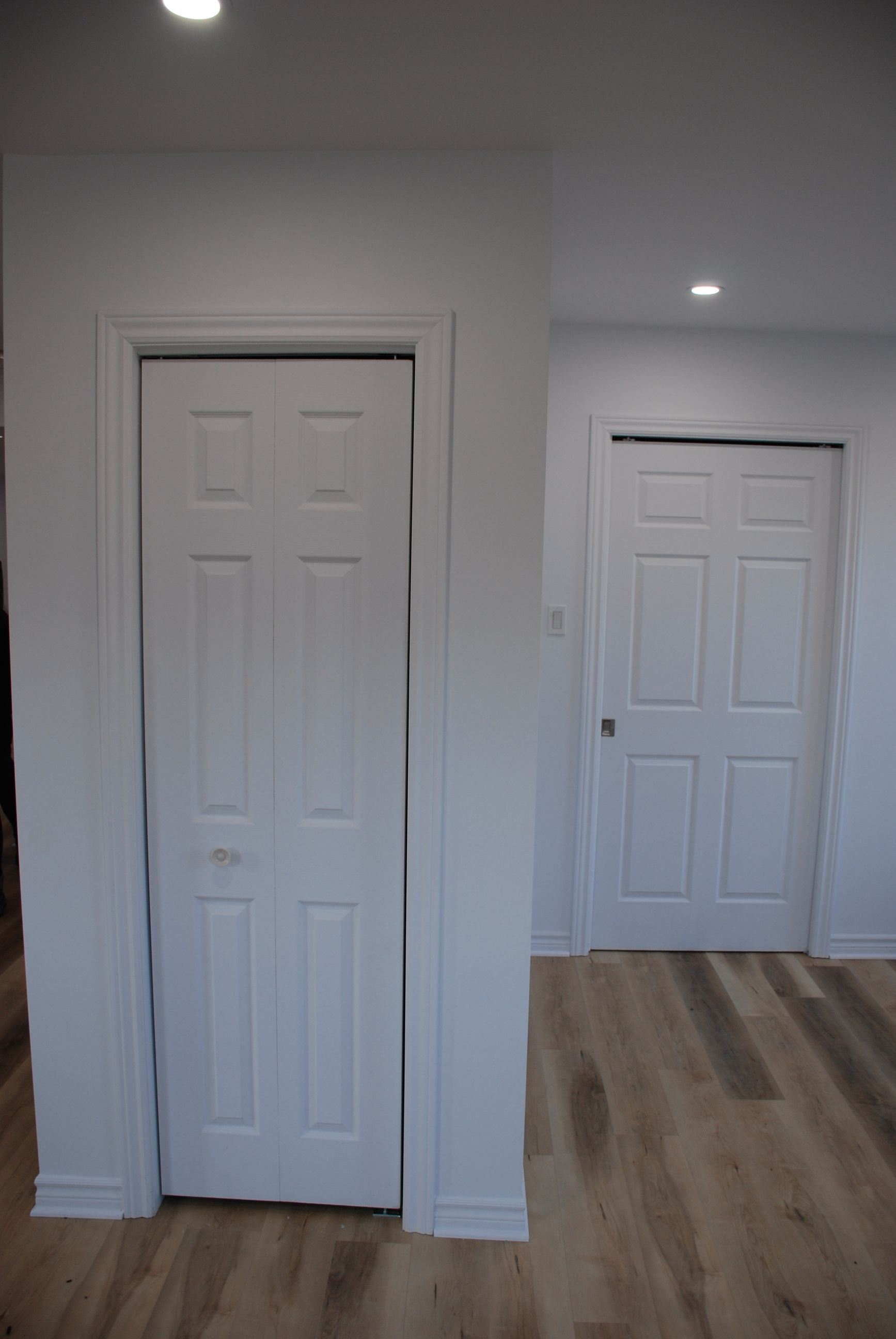 Une pièce avec deux portes blanches et un parquet en bois.