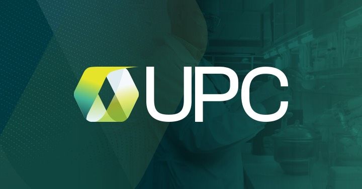 A logo for upc with a green background