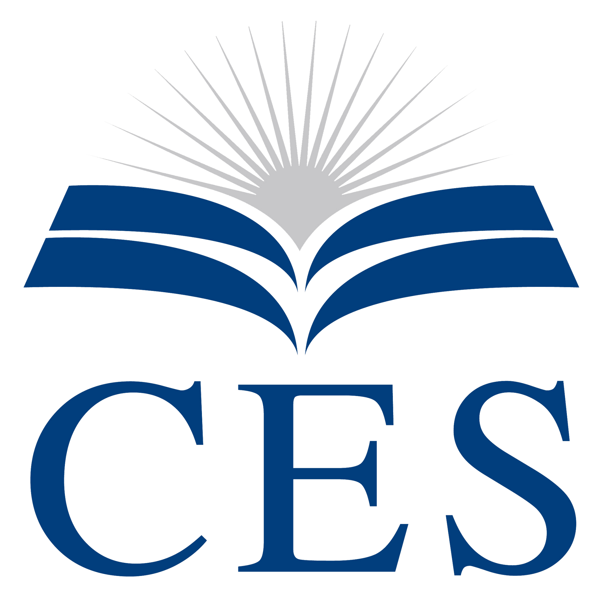 The logo for CES features a stylized dark blue open book with sunburst rays rising from the top, over blue 