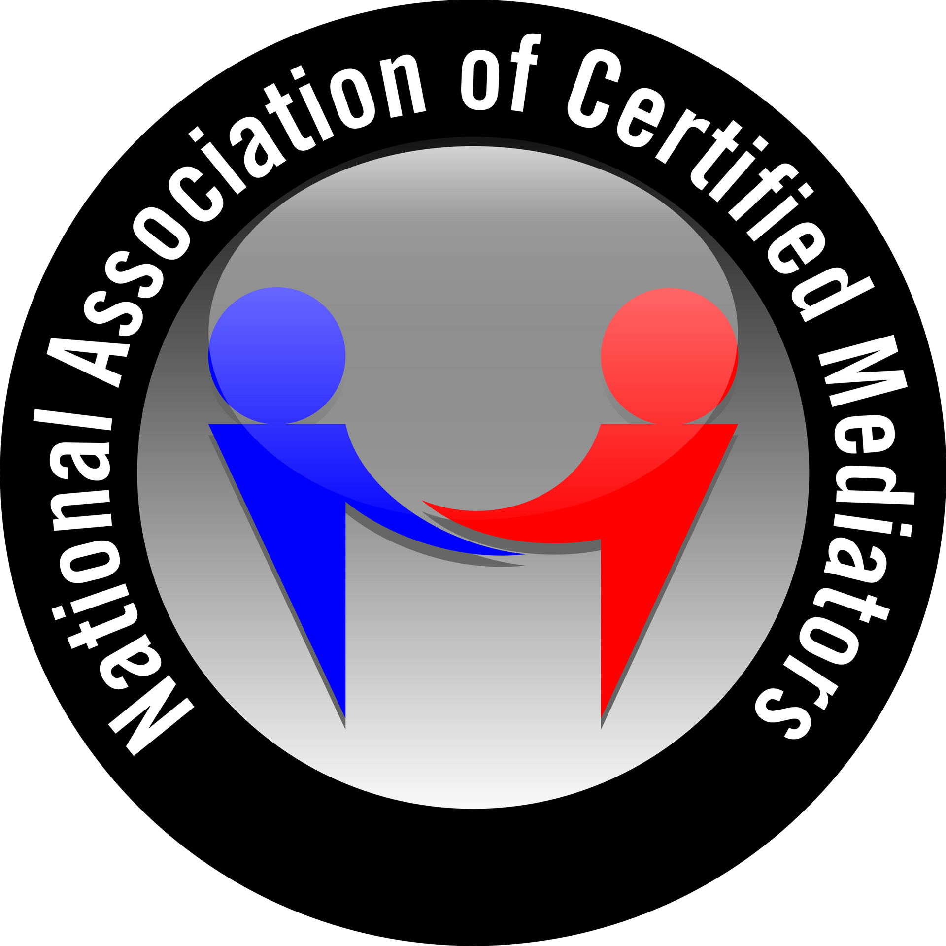 Logo for National Association of Certified Mediators featuring two stylized figures in blue and red shaking hands.