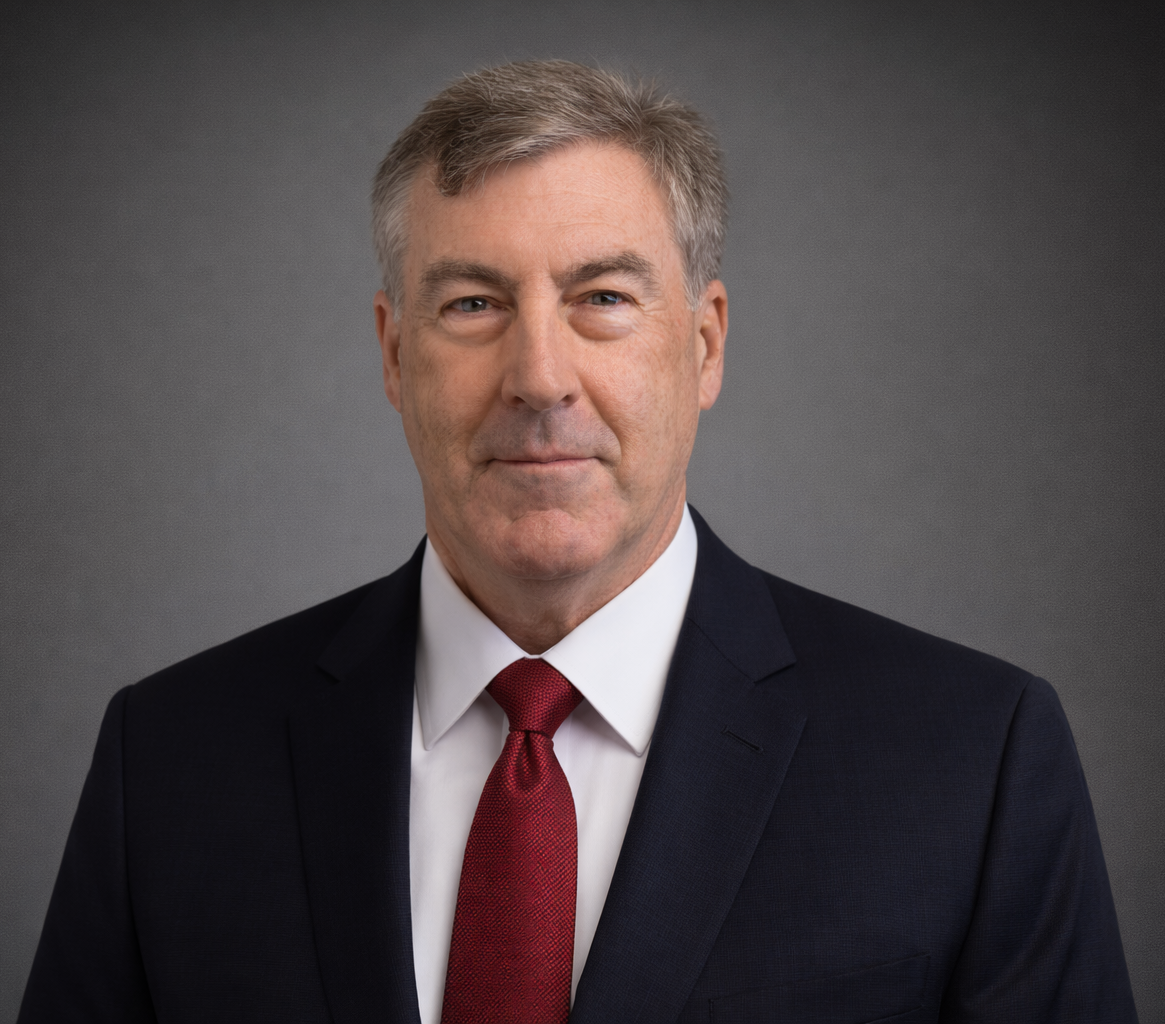 A professional headshot of a man wearing a dark blue suit, white shirt, and red tie against a plain gray background.