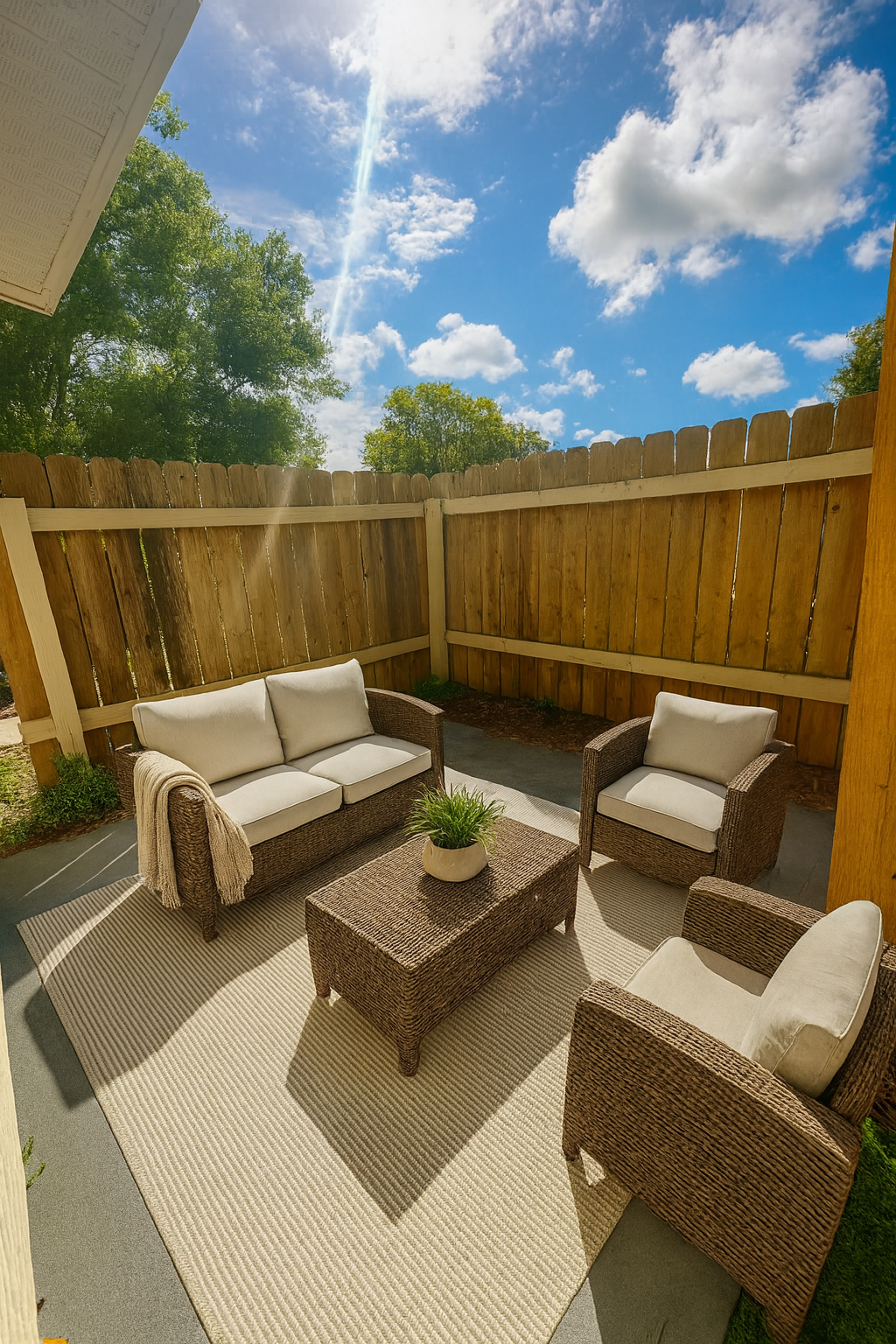Outdoor patio with wicker furniture: sofa, two chairs, and a coffee table. Beige cushions, light rug, wooden fence, sunny sky.