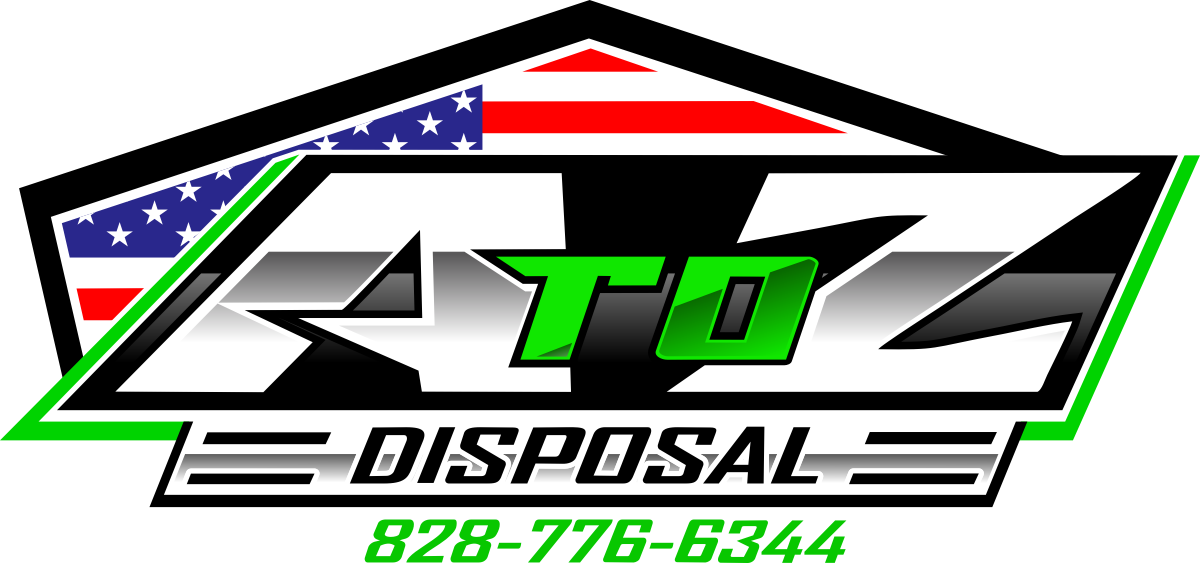 Logo for A to Z Disposal with American flag, green and black text and a phone number.