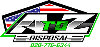 Logo for A to Z Disposal with American flag, green and black text and a phone number.