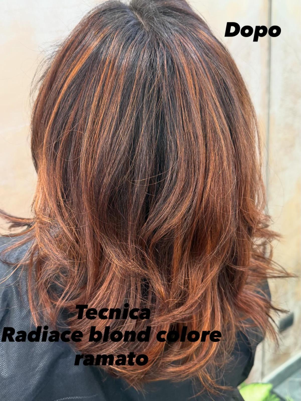 Vista posteriore di capelli castano scuro lunghi fino alle spalle con riflessi ramati e tecnica 