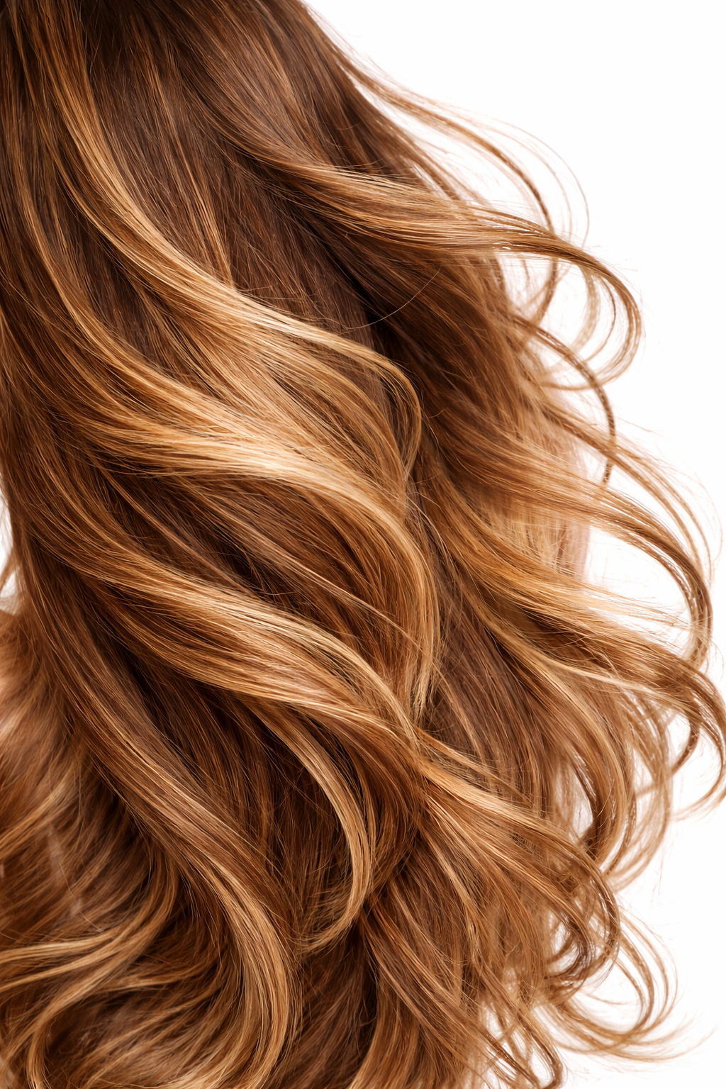 Capelli castani lunghi, ondulati e multitonali con riflessi dorati che scendono verso il basso su uno sfondo bianco.