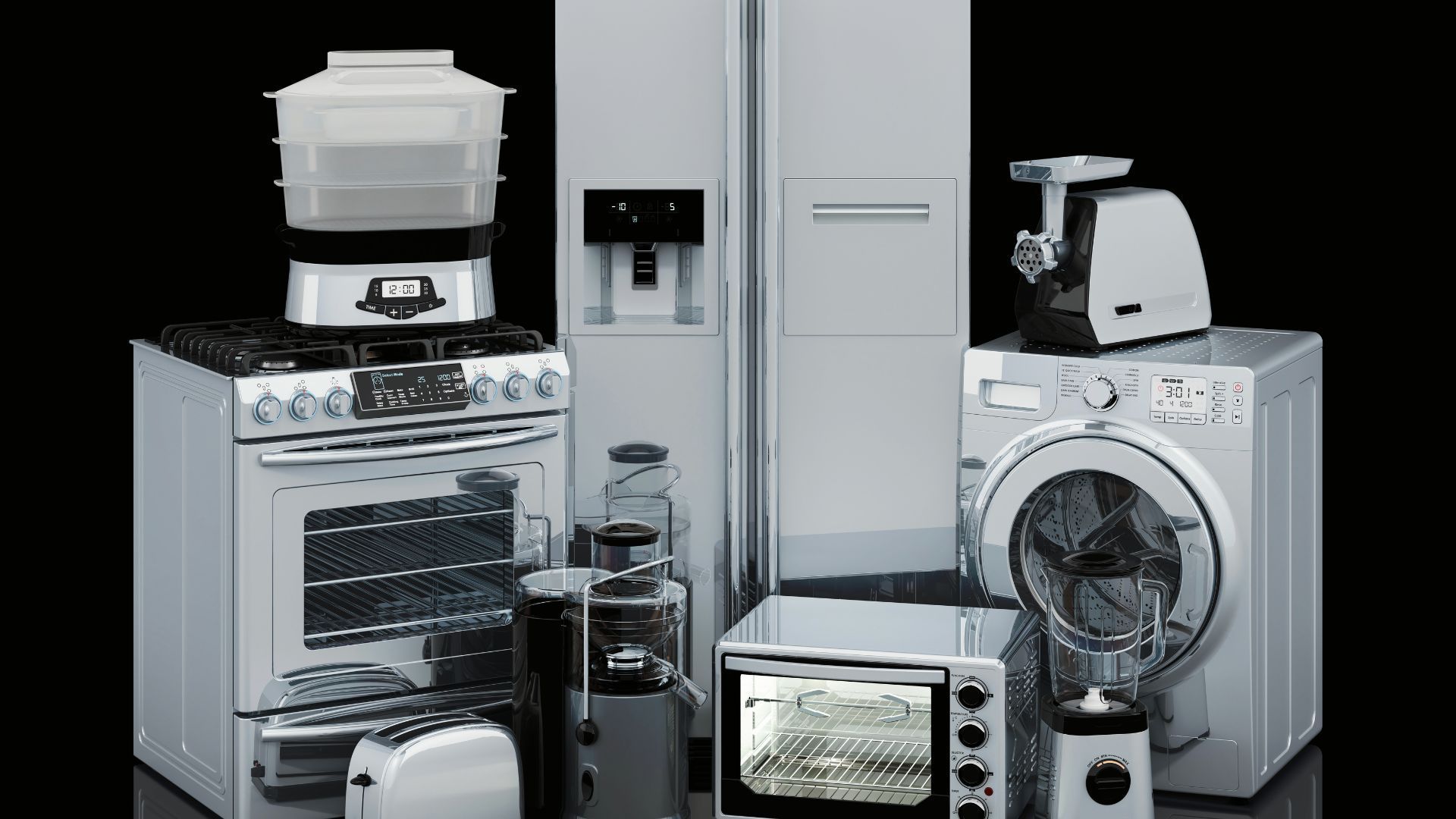 Various silver kitchen appliances on a black background, including a stove, refrigerator, and washing machine.