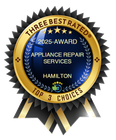 Three Best Rated award badge for Appliance Repair Services in Hamilton; gold, blue, and black colors.