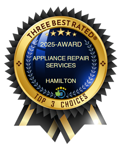 Three Best Rated award badge for Appliance Repair Services in Hamilton; gold, blue, and black colors.