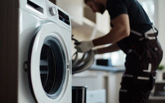 Washing machine and repair person working on it, wearing gloves. Kitchen setting.